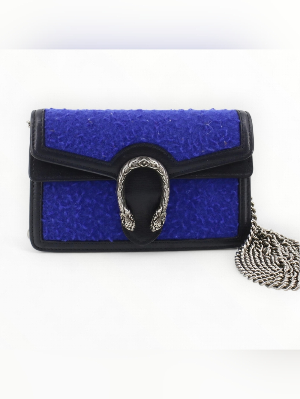 Gucci Dionysus Crossbody Bag Blue Wool Leather Chain Mini Purse